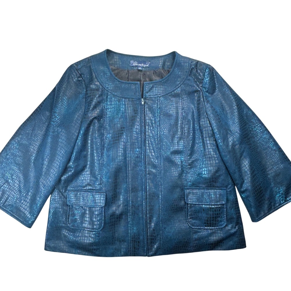 Susan Graver Jacket Women XL Blue Croc Embossed Metallic Zip Up Chic Glam Luxe